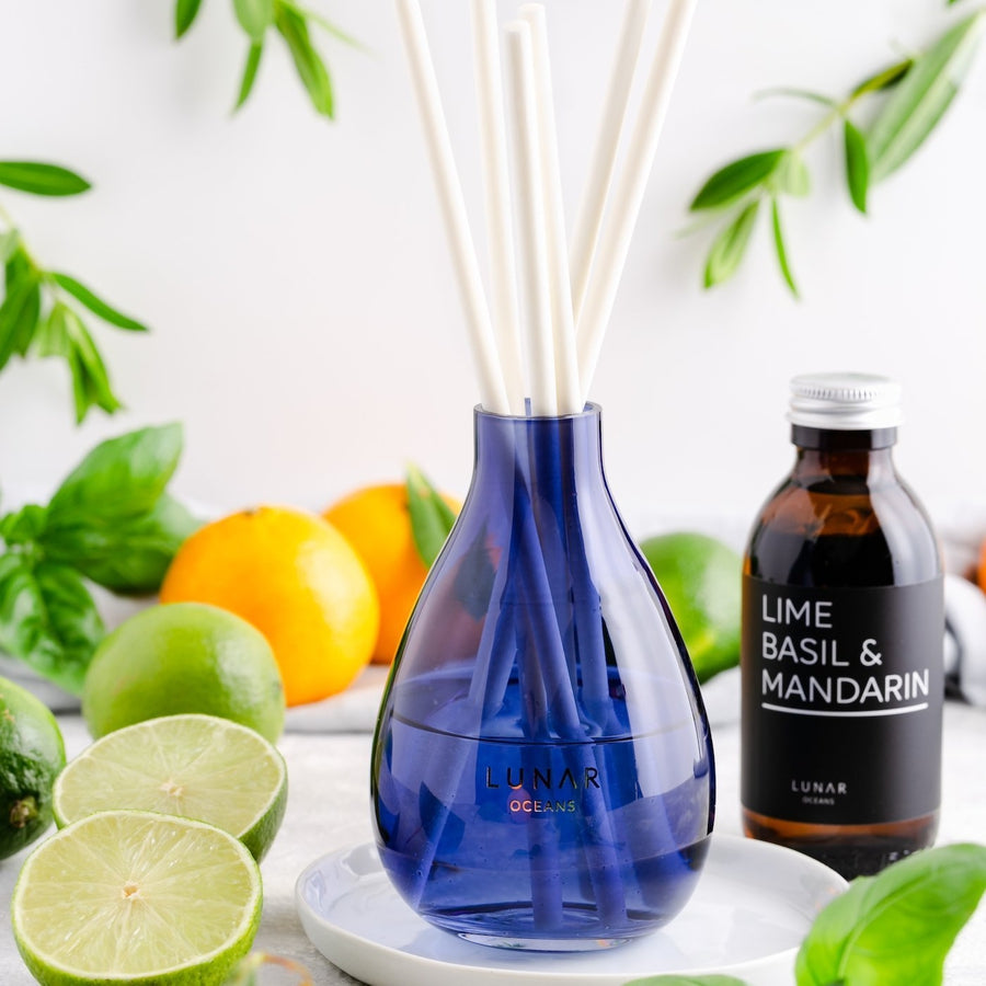 lime basil mandarin reed diffuser with blue vase