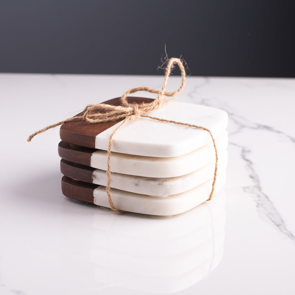 Marble and Acacia Wood Coasters, Set of 4