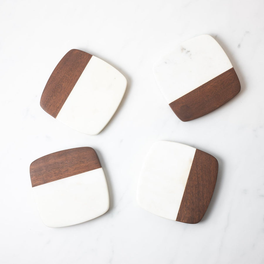 white marble and acacia wood coasters set of 4 Lunar Oceans